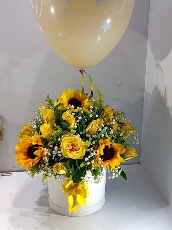 Girasoles con globos en caja